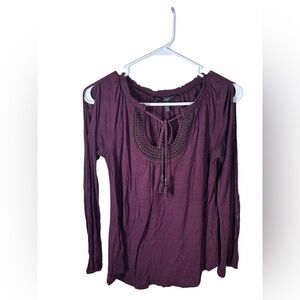 White House Black Market Plum Boho Tie-Neck Cold-Shoulder Tunic